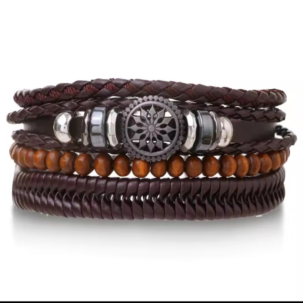Men's Leather Bracelet Set Braided Layered Brown Beaded‎ New F9